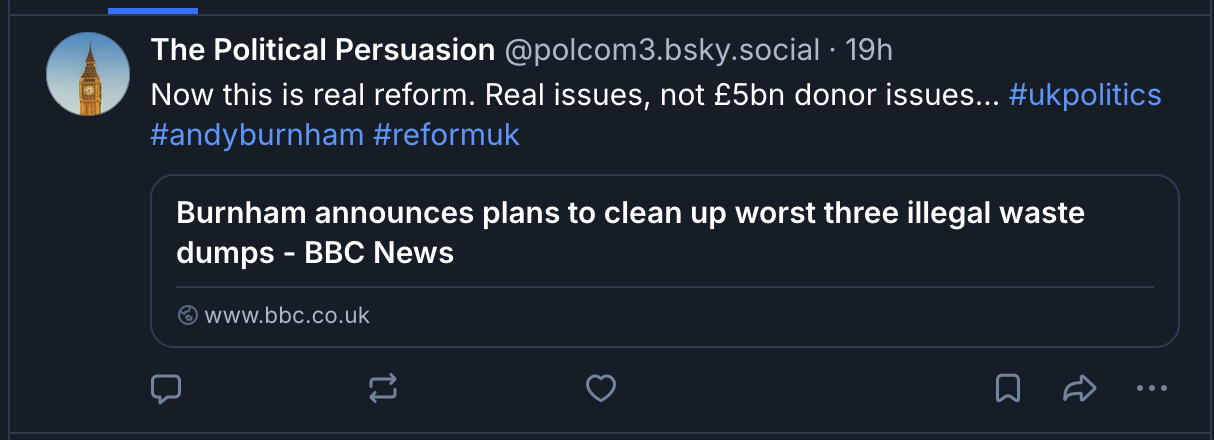 Now this is real reform. Real issues, not £5bn donor issues... #ukpolitics #andyburnham #reformuk Burnham announces plans to clean up worst three illegal waste dumps - BBC News