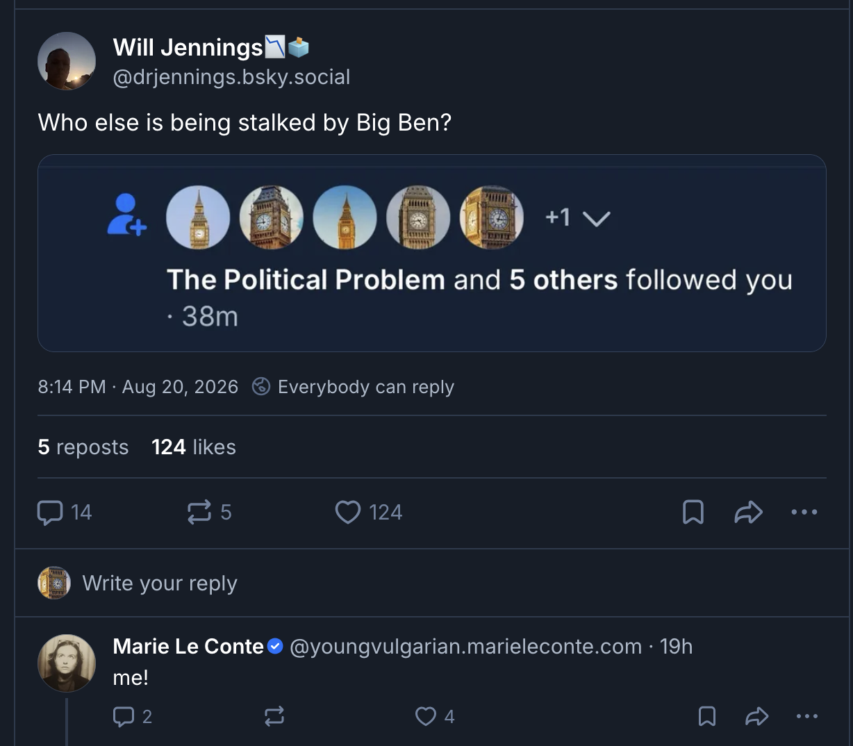 Will Jennings Who else is being stalked by Big Ben? 8:14 PM · Aug 20, 2026 · 5 reposts · 124 likes